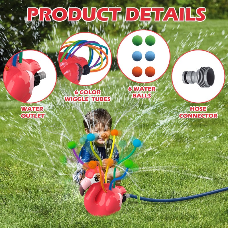 ROUSKY 2-in-1 Water Sprinkler Toys for Kids and Aldult,Outdoor Garden Lawn Watering Toys with Water Tentacles,Attaches to Garden Hose,Summer Spray Water Fun Toys (Flamingo) - Image 2